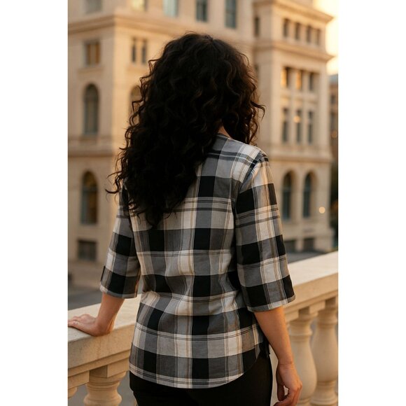 Josephine Chaus 10P Vintage Silk Plaid Blouse Black Gray Uptown Archivist Style - Picture 4 of 11